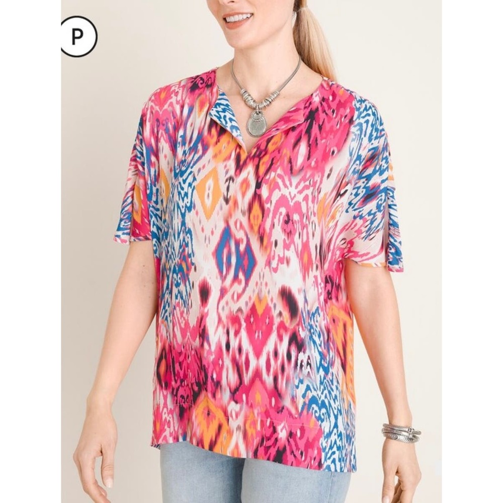 Chicos Multi Ikat Print Split Neck Short‎ Sleeve Tunic SZ O
